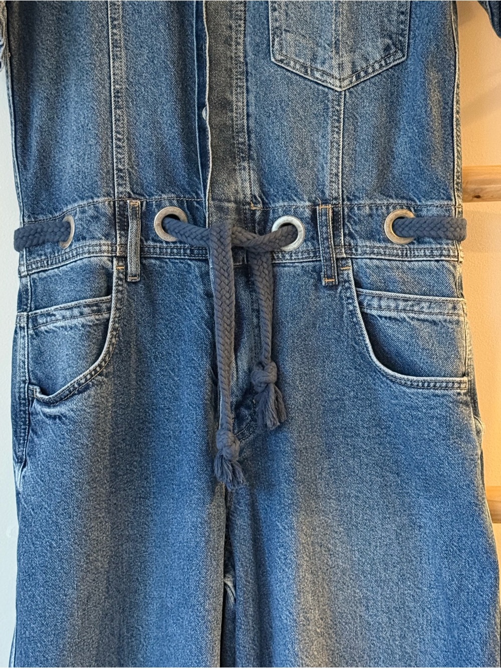Free People We The Free Edison Wide Leg Coverall Boho Cape Blue Jumpsuit M NWOT - Picture 8 of 13